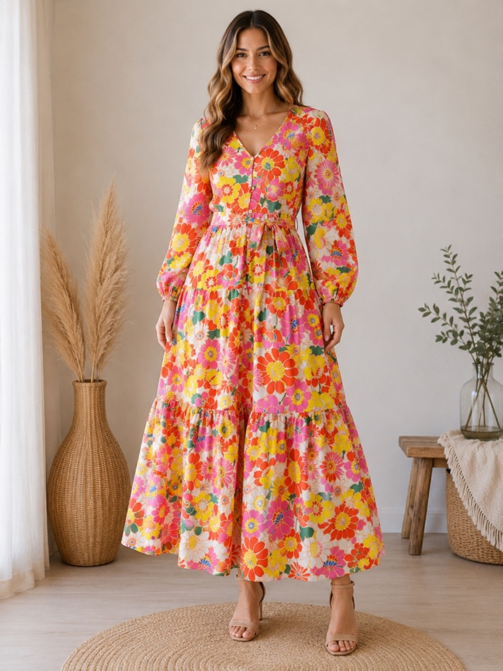 Sugar+Lips Floral Print Tiered Maxi Dress Size Small Boho Cottagecore